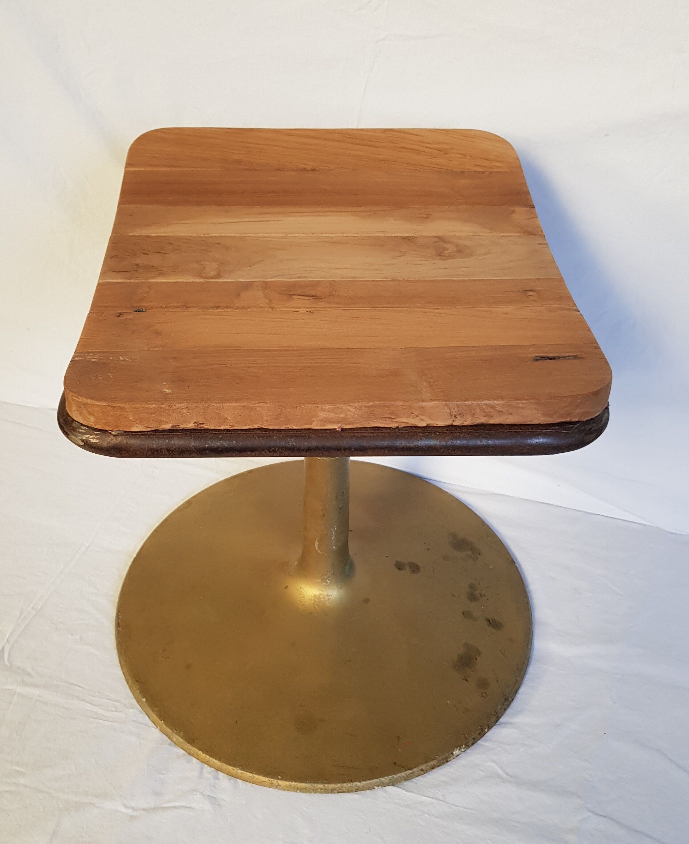 Old vintage rotary stool in gilded metal and seat in teak
