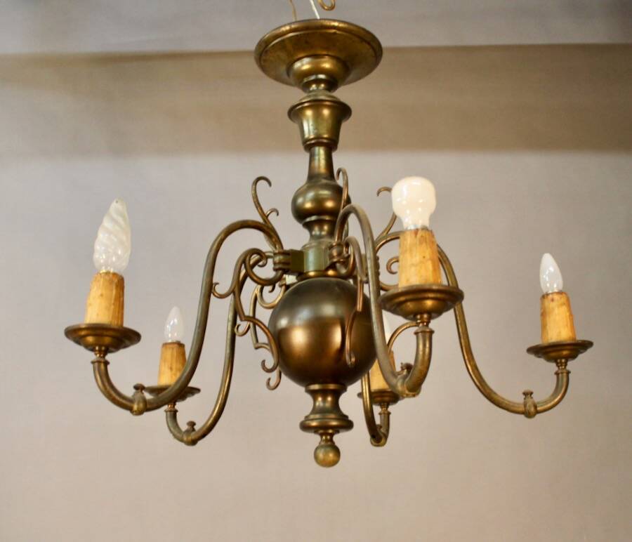 19th Century Dutch Bronze Chandelier with 5 Light Arms