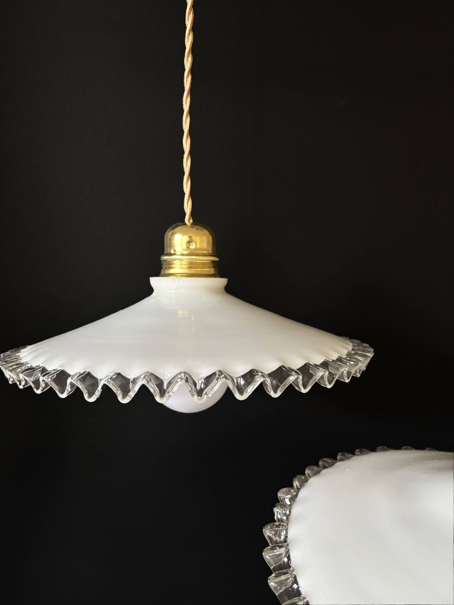 Set of 3 vintage white scalloped opaline pendants, France