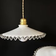 Set of 3 vintage white scalloped opaline pendants, France