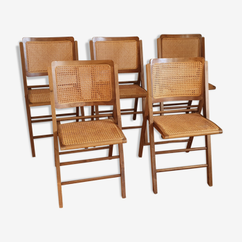 Lot de 5 chaises pliables cannées années 50-60