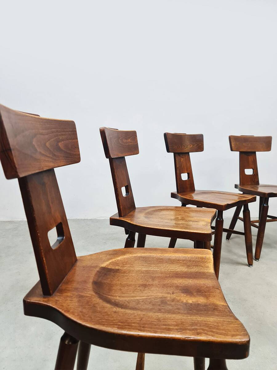 Vintage brutalist T-back dining chairs Pierre Chapo style