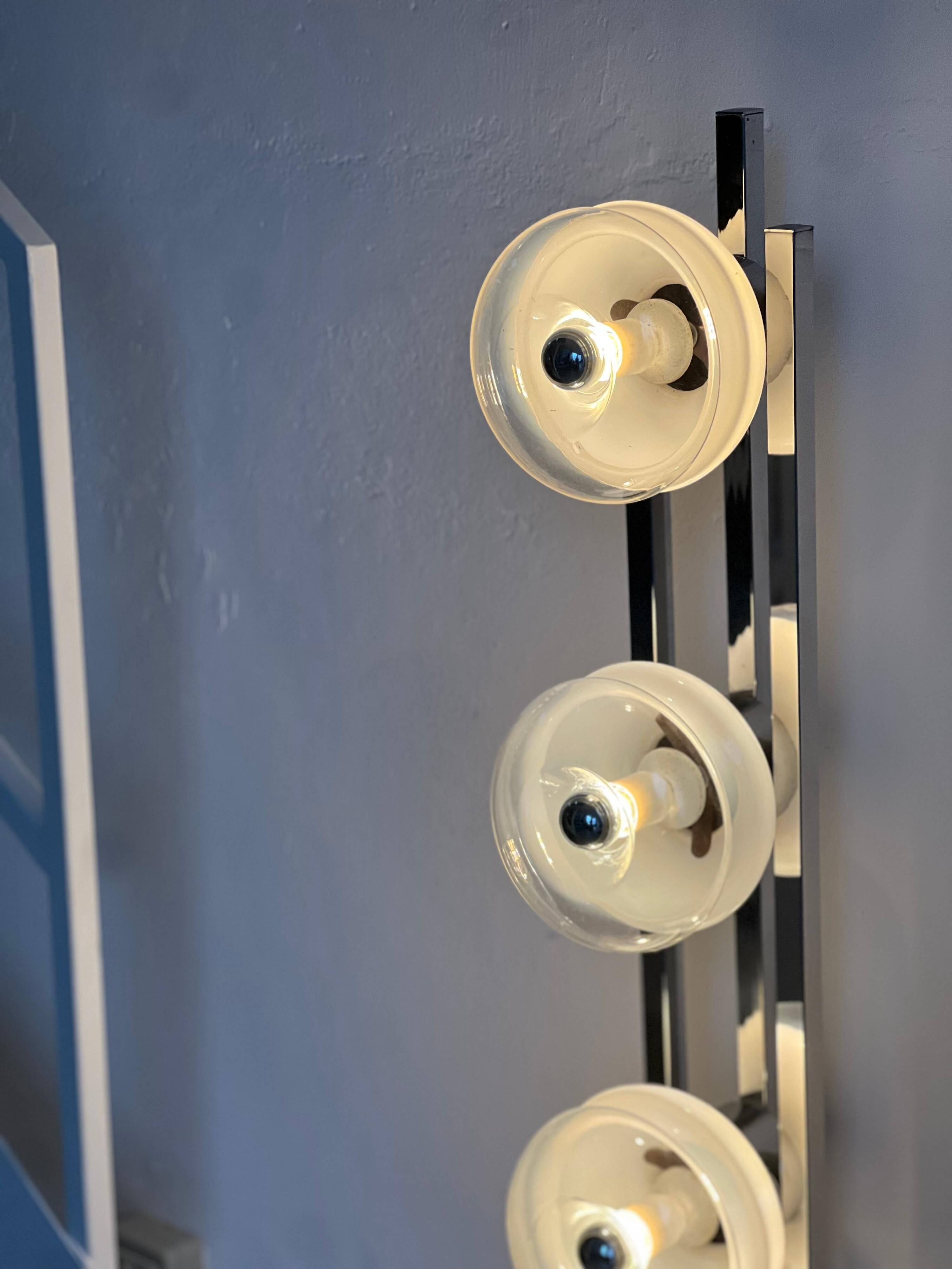 Vintage Italian Floor Lamp in Chromed Metal and Glass with Three Faded Shades
