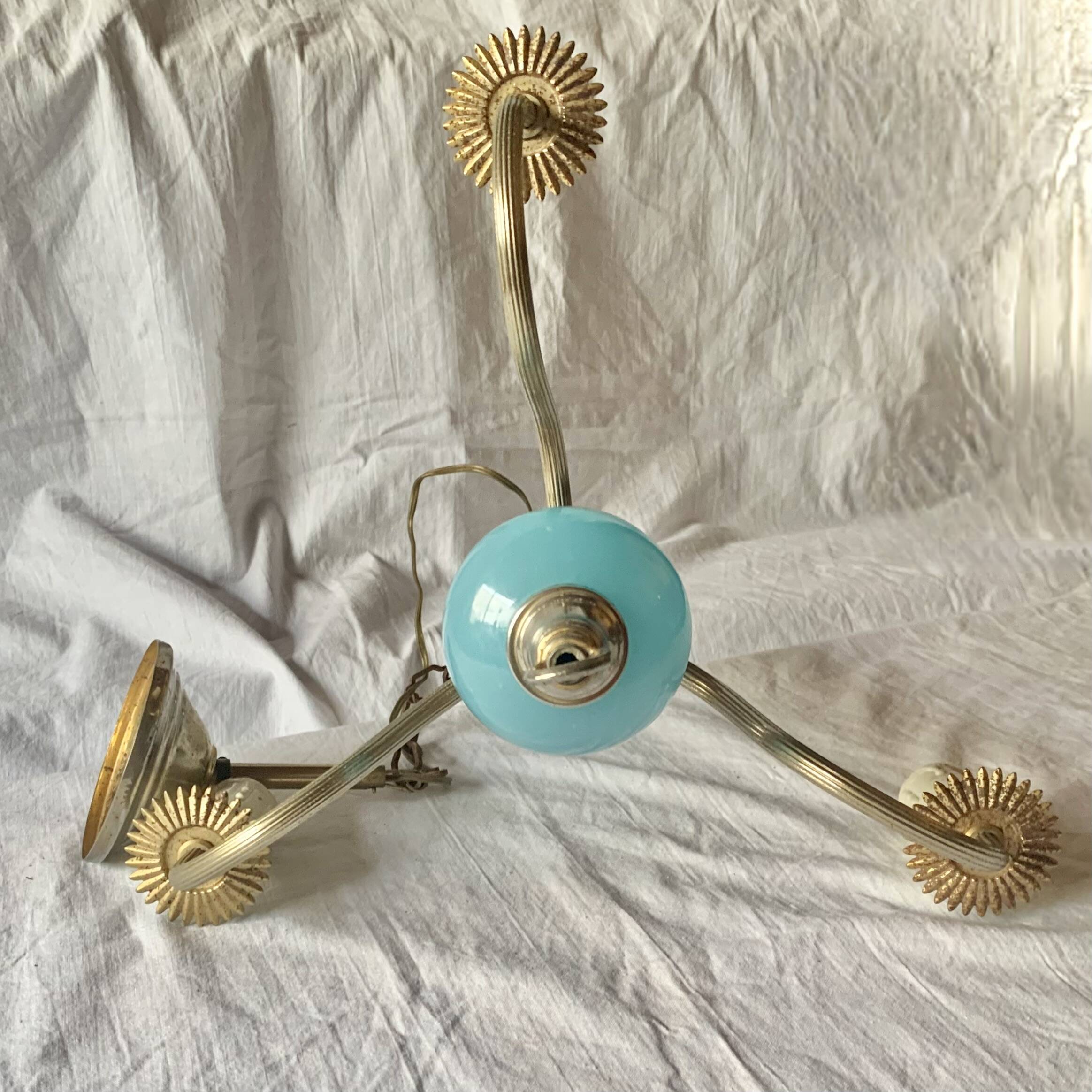 Turquoise opaline and vintage metal chandelier - 3 arms