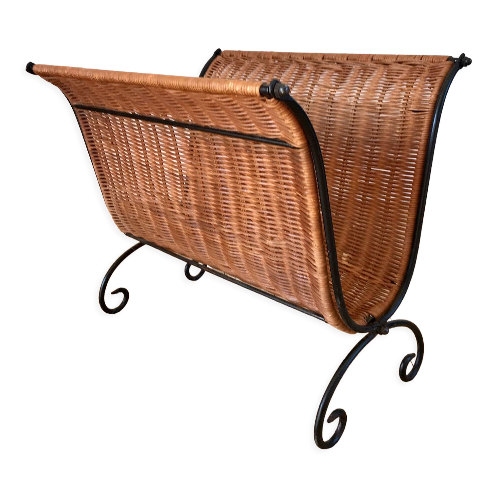 Wicker, rattan and black steel magazine holder 70s