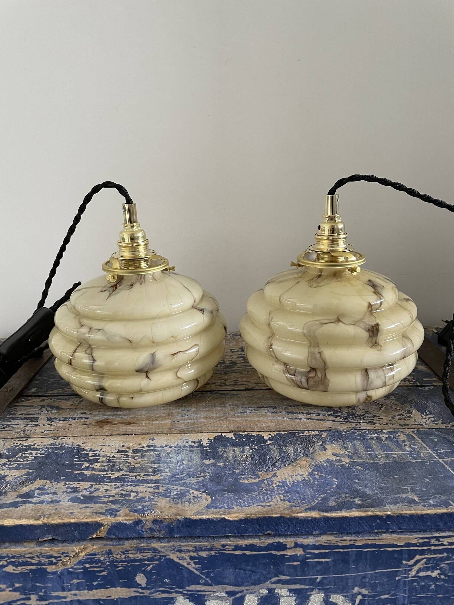Set of two art deco portable ballrooms in electrified marbled opaline to nine