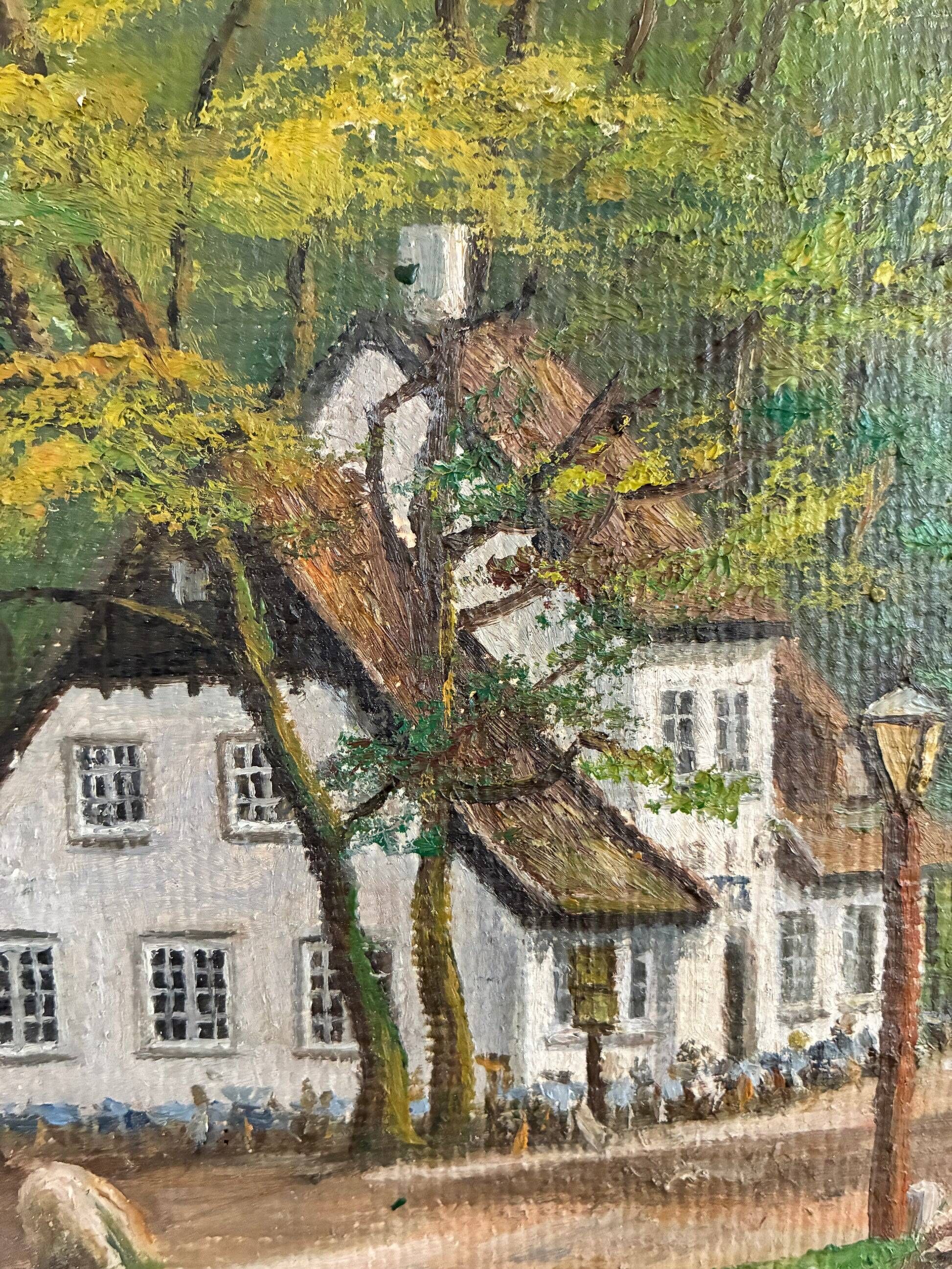 Vintage signed cottage landscape oil painting