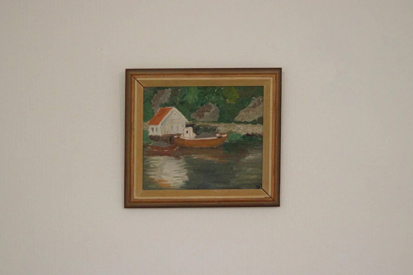 Huile sur toile originale européenne — Maison au bord du lac
