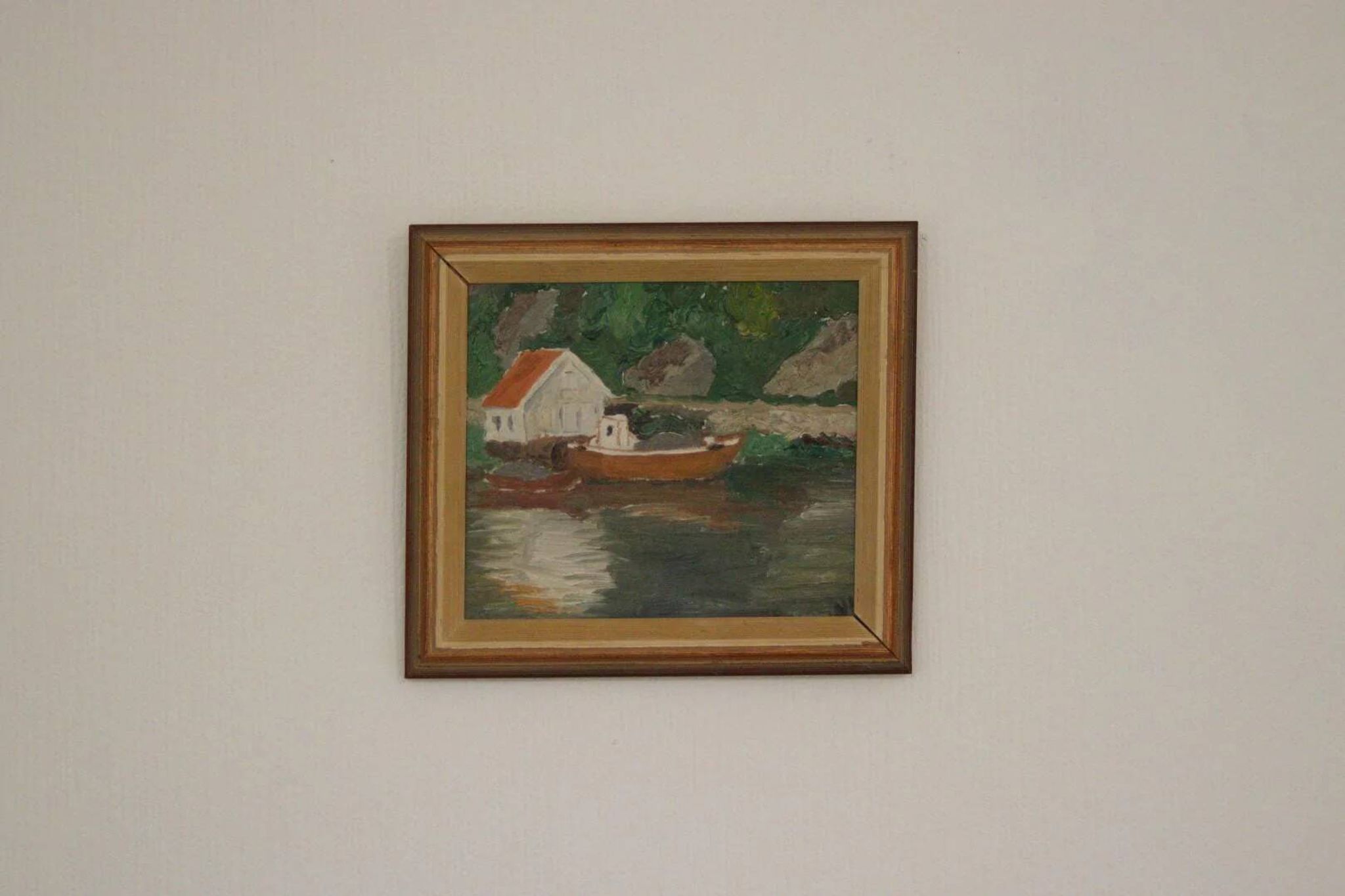 Huile sur toile originale européenne — Maison au bord du lac