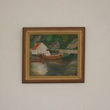 Huile sur toile originale européenne — Maison au bord du lac
