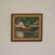 Huile sur toile originale européenne — Maison au bord du lac