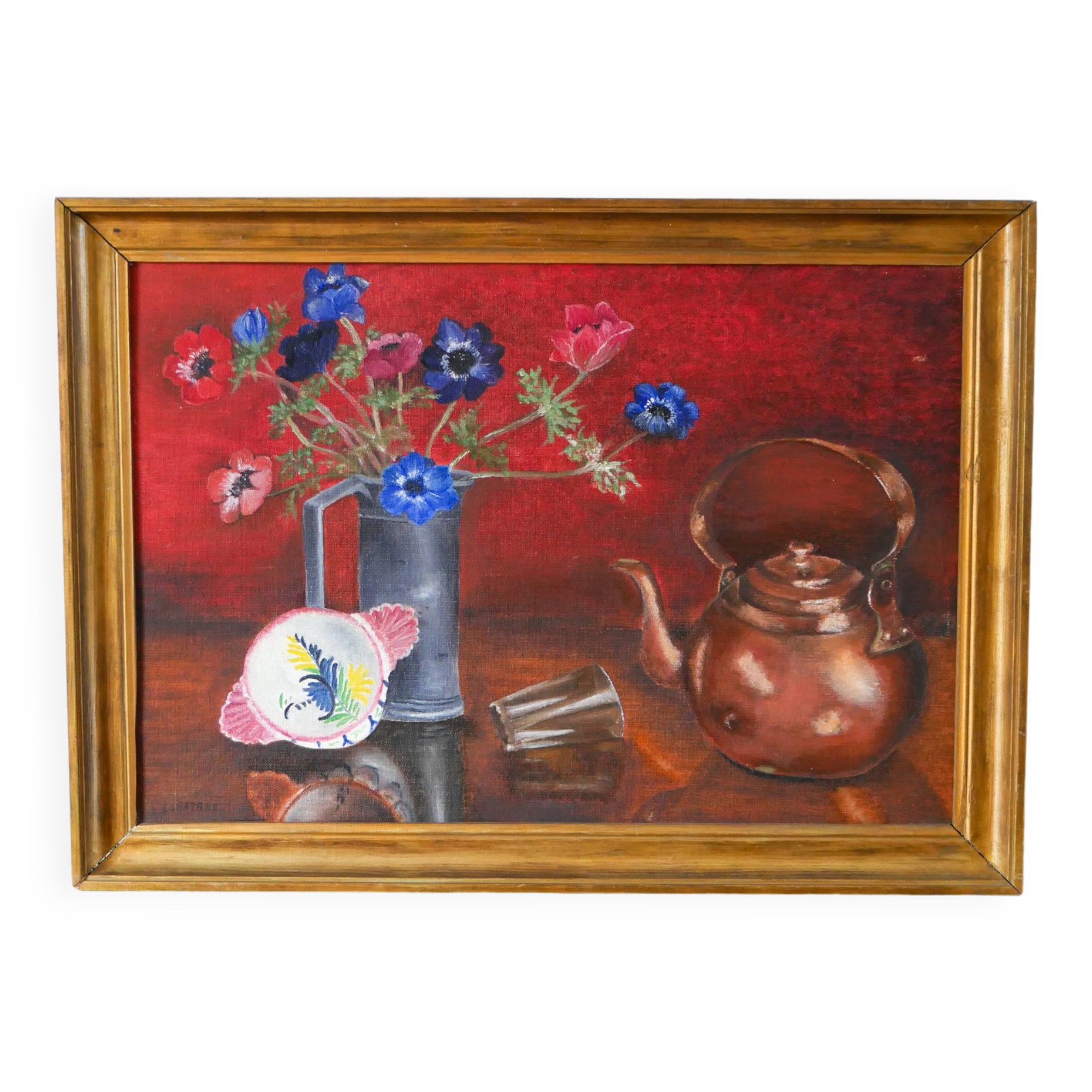 oil painting on panel still life red and blue bouquet 1950