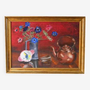 tableau huile sur panneau nature morte bouquet rouge et bleu 1950