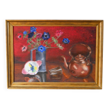 oil painting on panel still life red and blue bouquet 1950