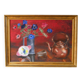 tableau huile sur panneau nature morte bouquet rouge et bleu 1950