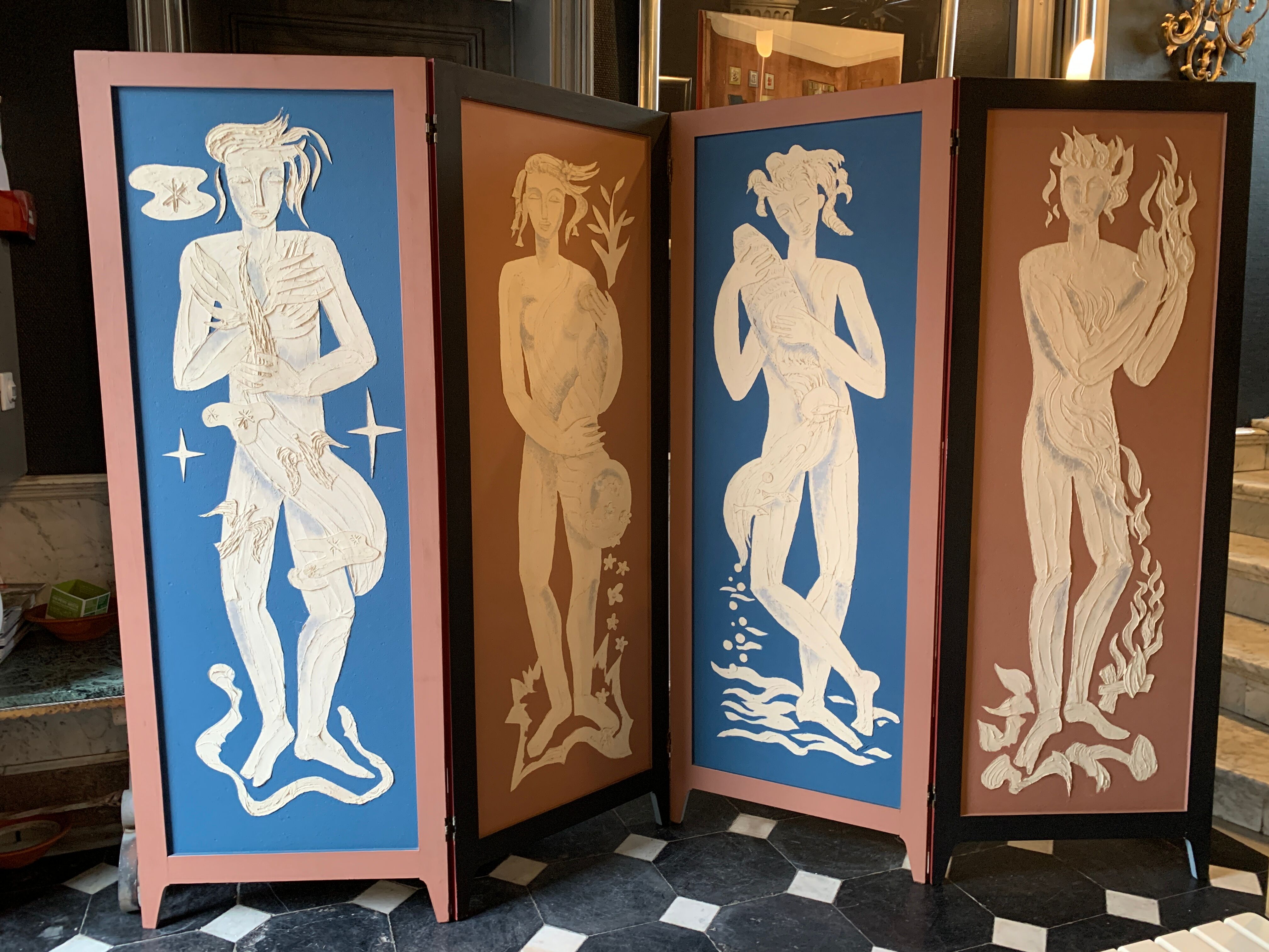 Claustra Expressionist screen " 4 Seasons & 4 Elements ", figurative painting, ca 1940