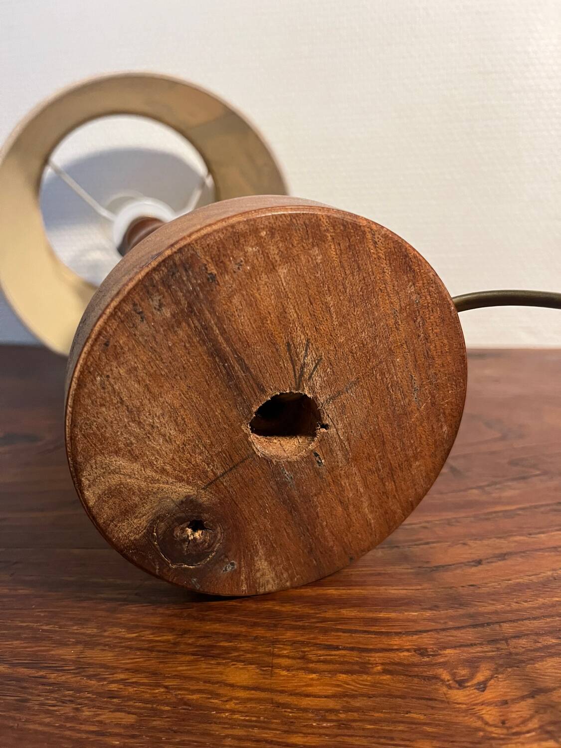 Solid wood table lamp with baroque shade from the 70s