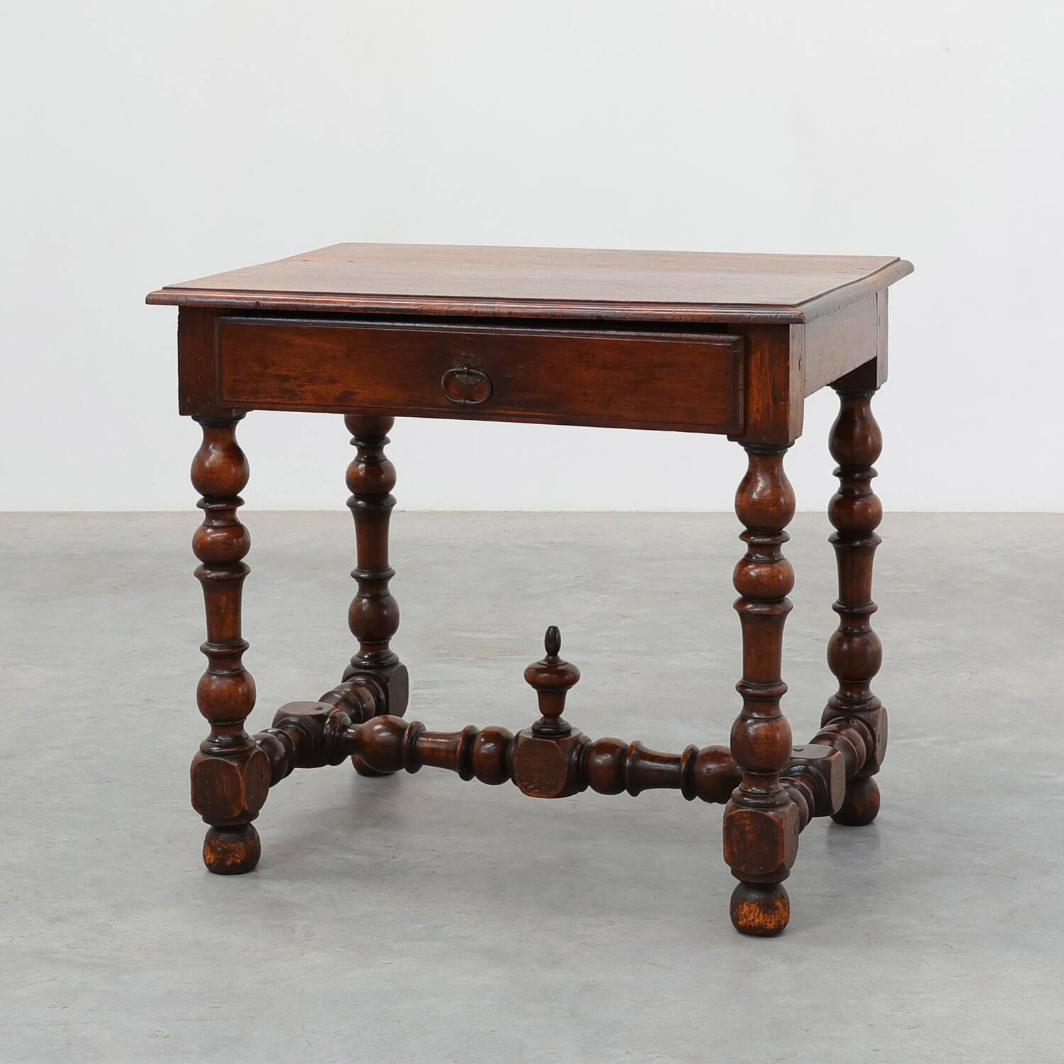 French Louis XIII Walnut Side Table with Drawer and Turned Legs, circa 1850