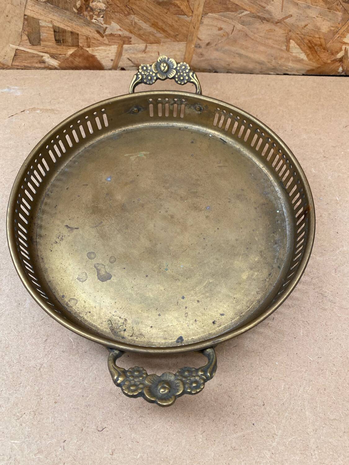 Antique openwork brass serving tray + flower handles vintage kitchen