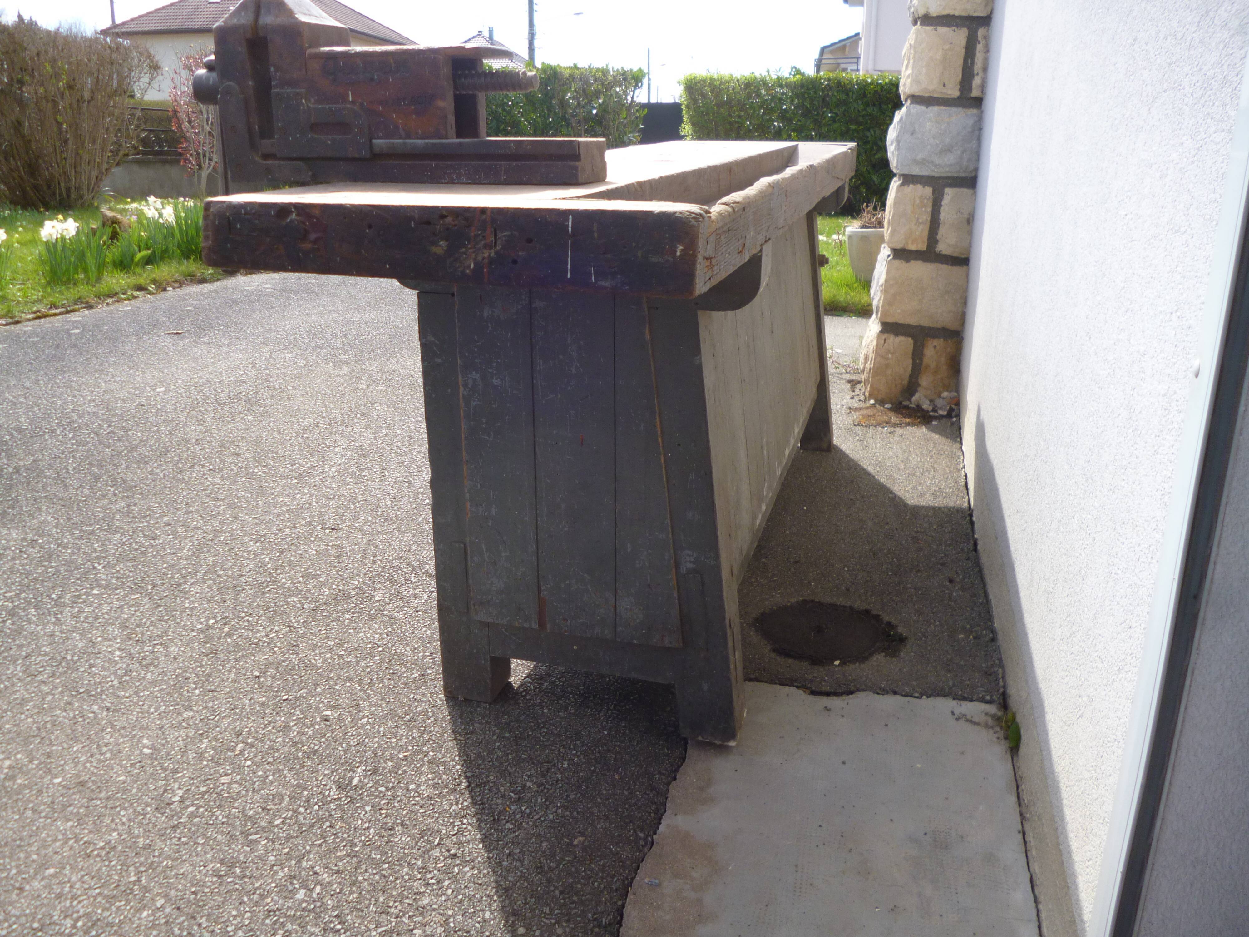 Peugeot brand old green patina wooden workbench