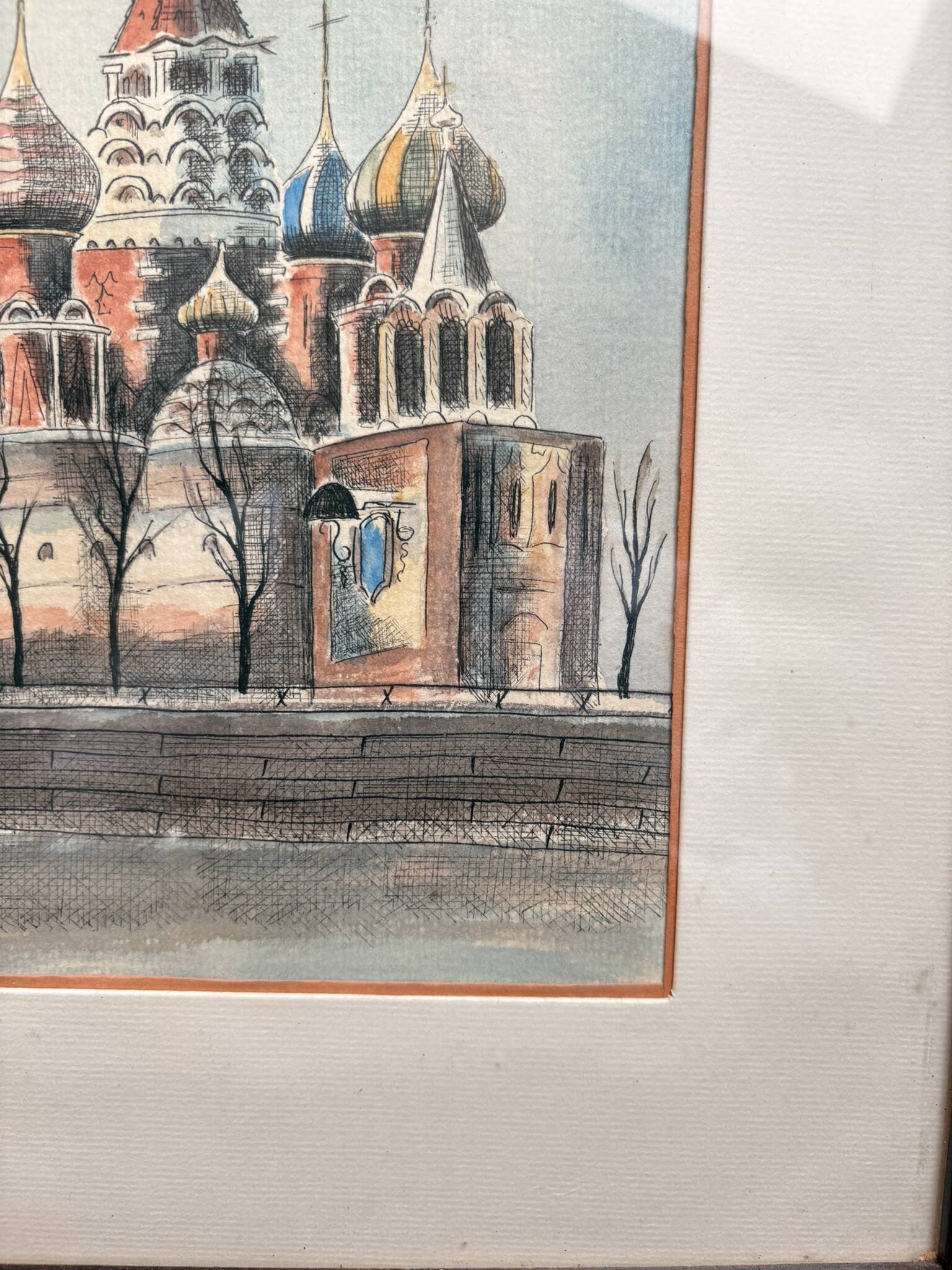 Old Watercolour Historical Building Russia Orthodox Cathedral Moscow 199