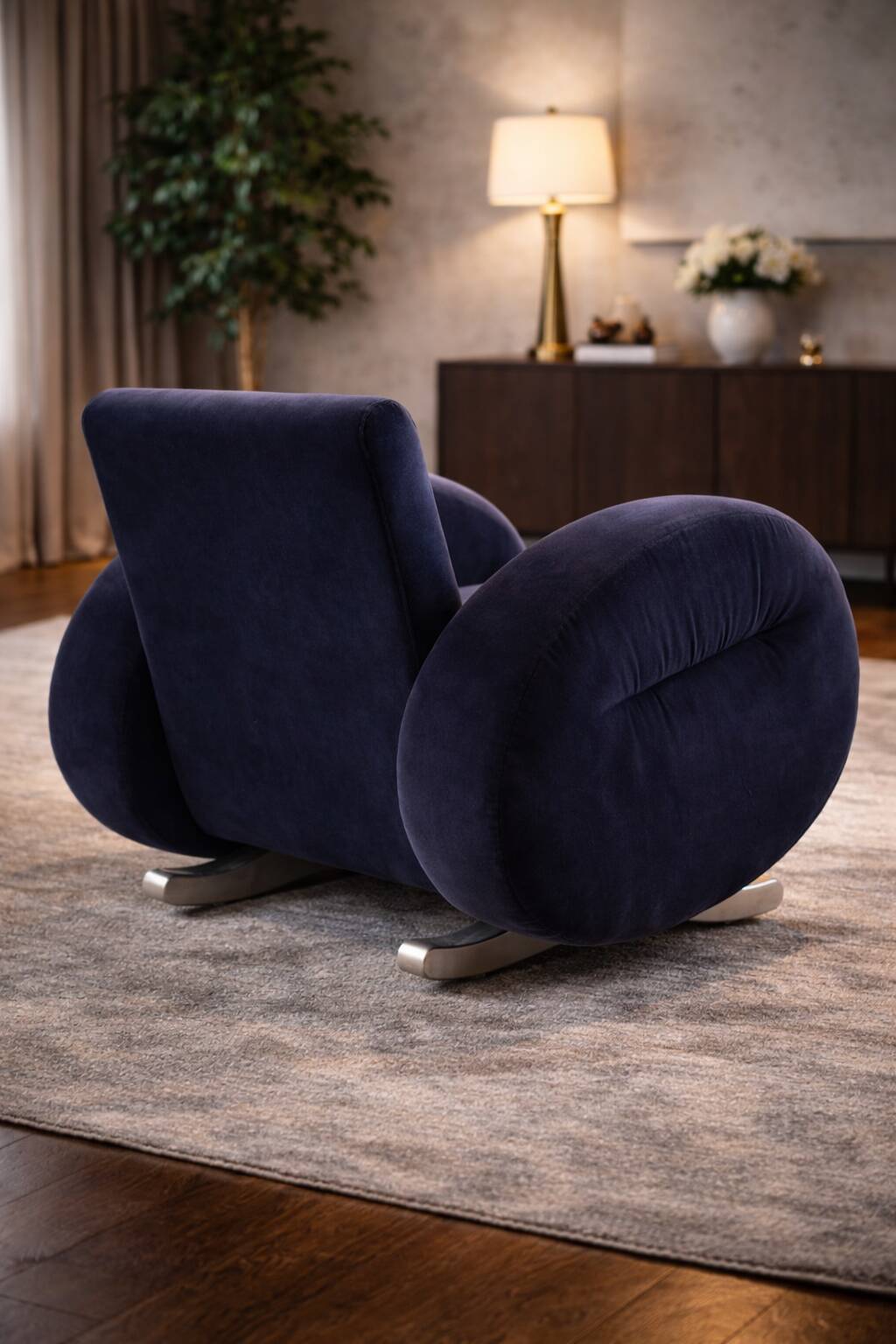 Bretz (Germany) — Rocking Chair / Armchair — Blue Velvet Upholstery — 1980s