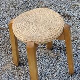 Pair of Scandinavian birch and sea rush stools from the 70s/80s