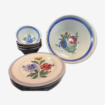 Vaisselle ancienne décor fleuri 1 saladier, 6 assiettes plates & 4 bols