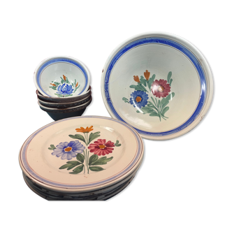 Vaisselle ancienne décor fleuri 1 saladier, 6 assiettes plates & 4 bols