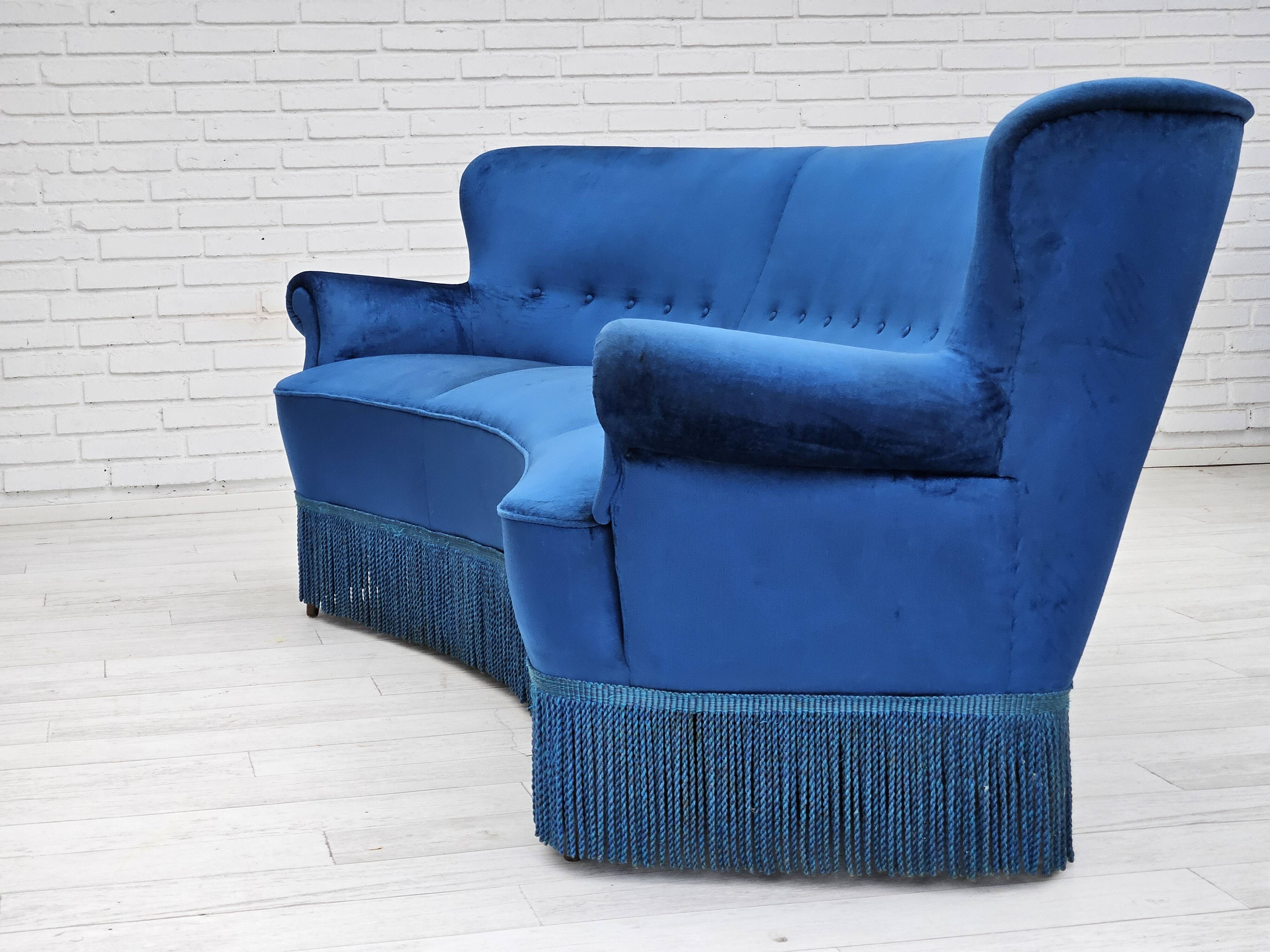 1960s, Danish 3-seater curved sofa, blue furniture velour, beech wood legs.