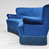 1960s, Danish 3-seater curved sofa, blue furniture velour, beech wood legs.