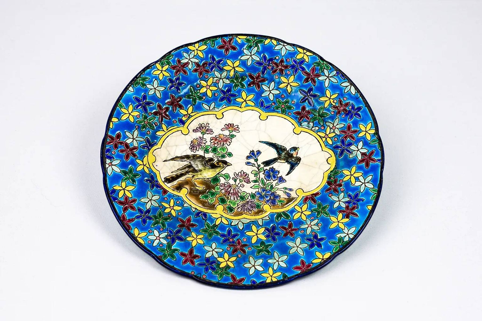 Longwy plate, early 20th century – Cloisonné enamels decorated with birds and flowers
