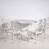Vintage white garden table and chairs (c.1950). Set of 5 pieces.