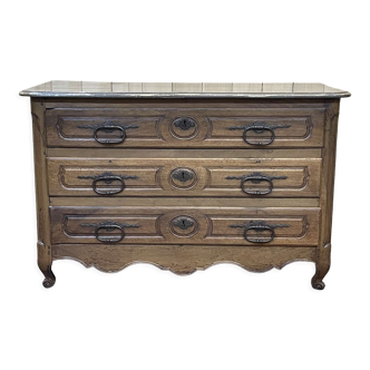 Commode d'époque Louis XV XVIIIème en noyer plateau peint en gris patiné