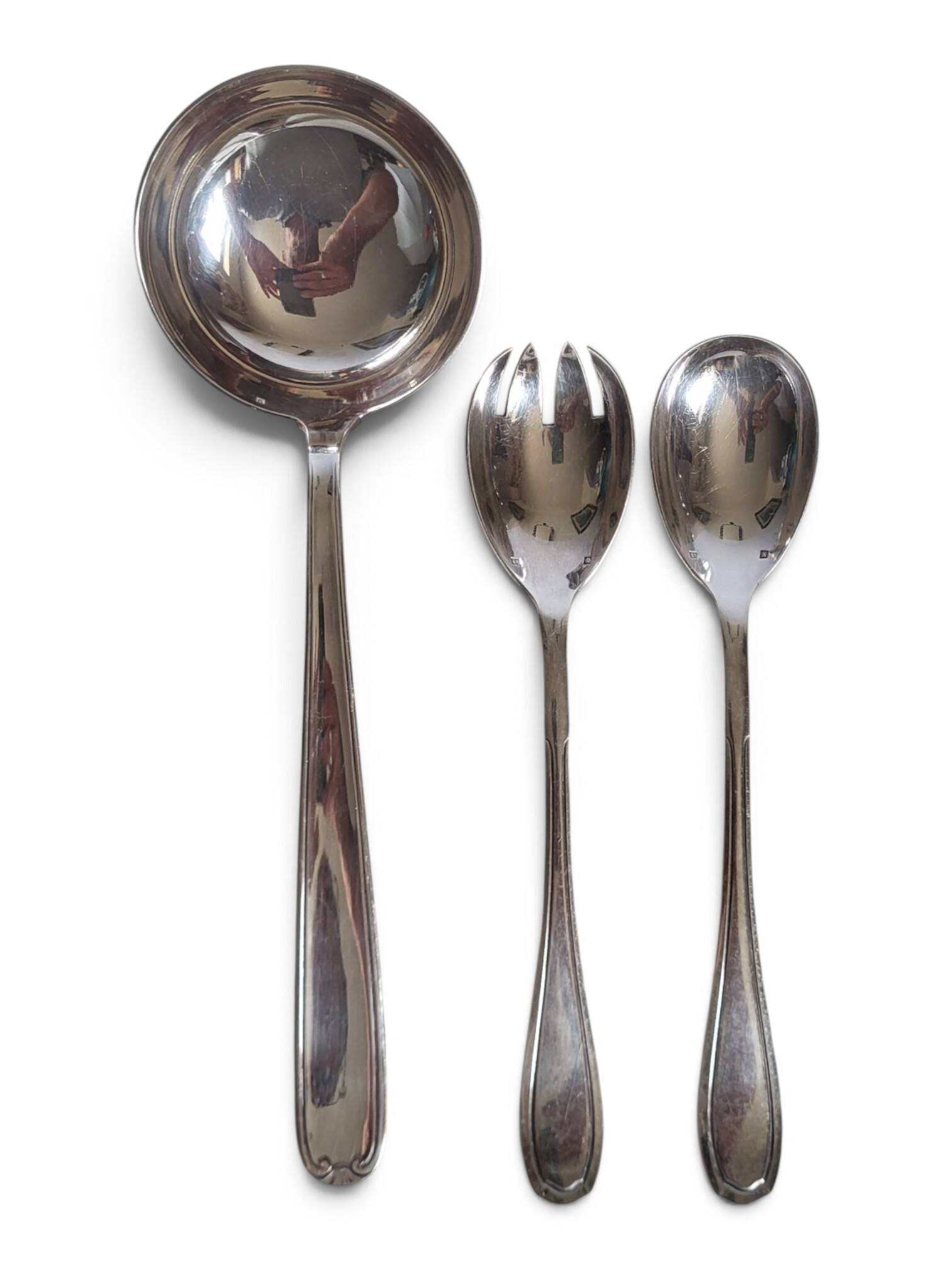Silver-plated serving utensils - ladle, salad servers
