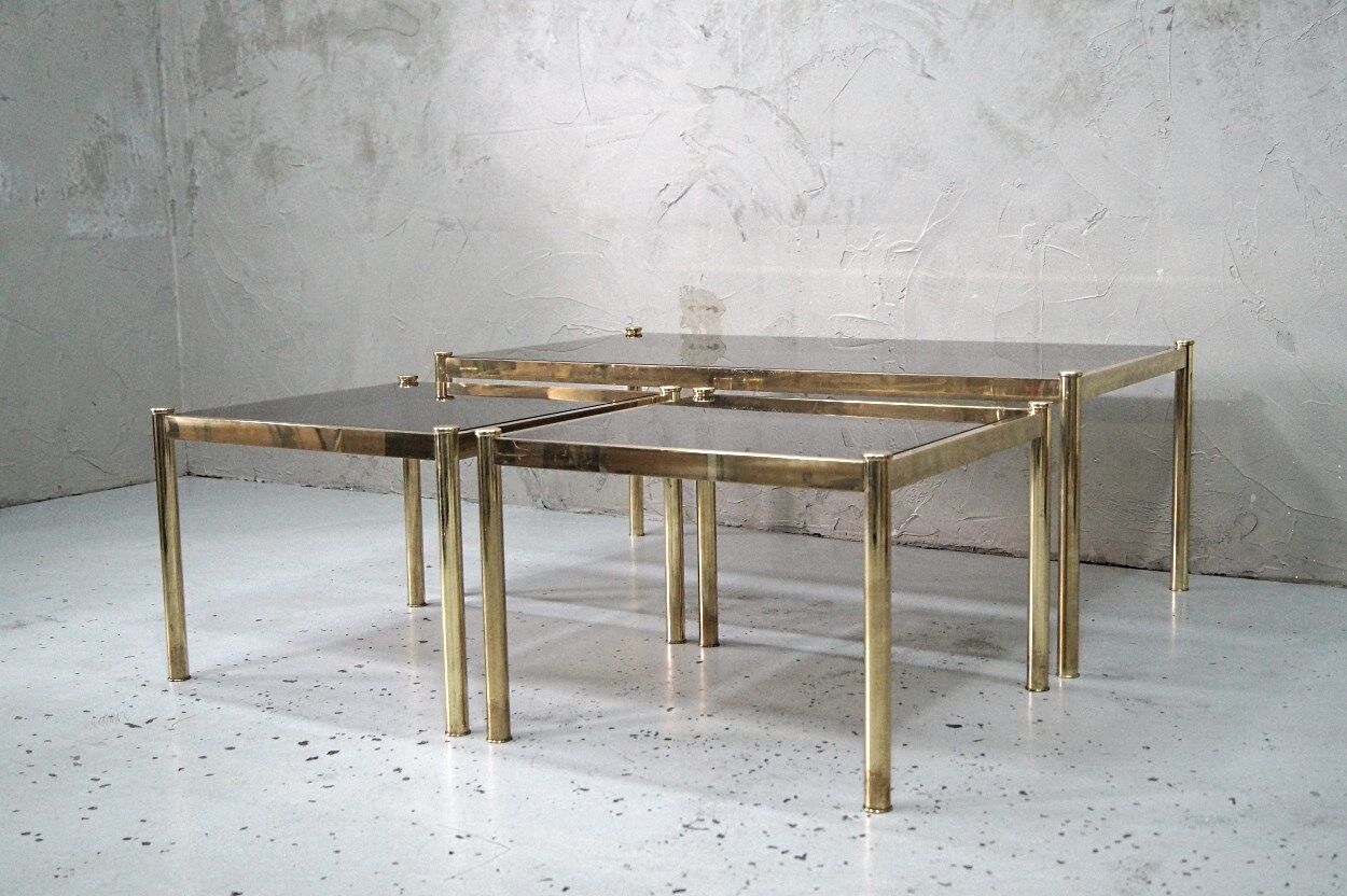 Set of 3 Italian minimalist brass coffee tables, 1970s