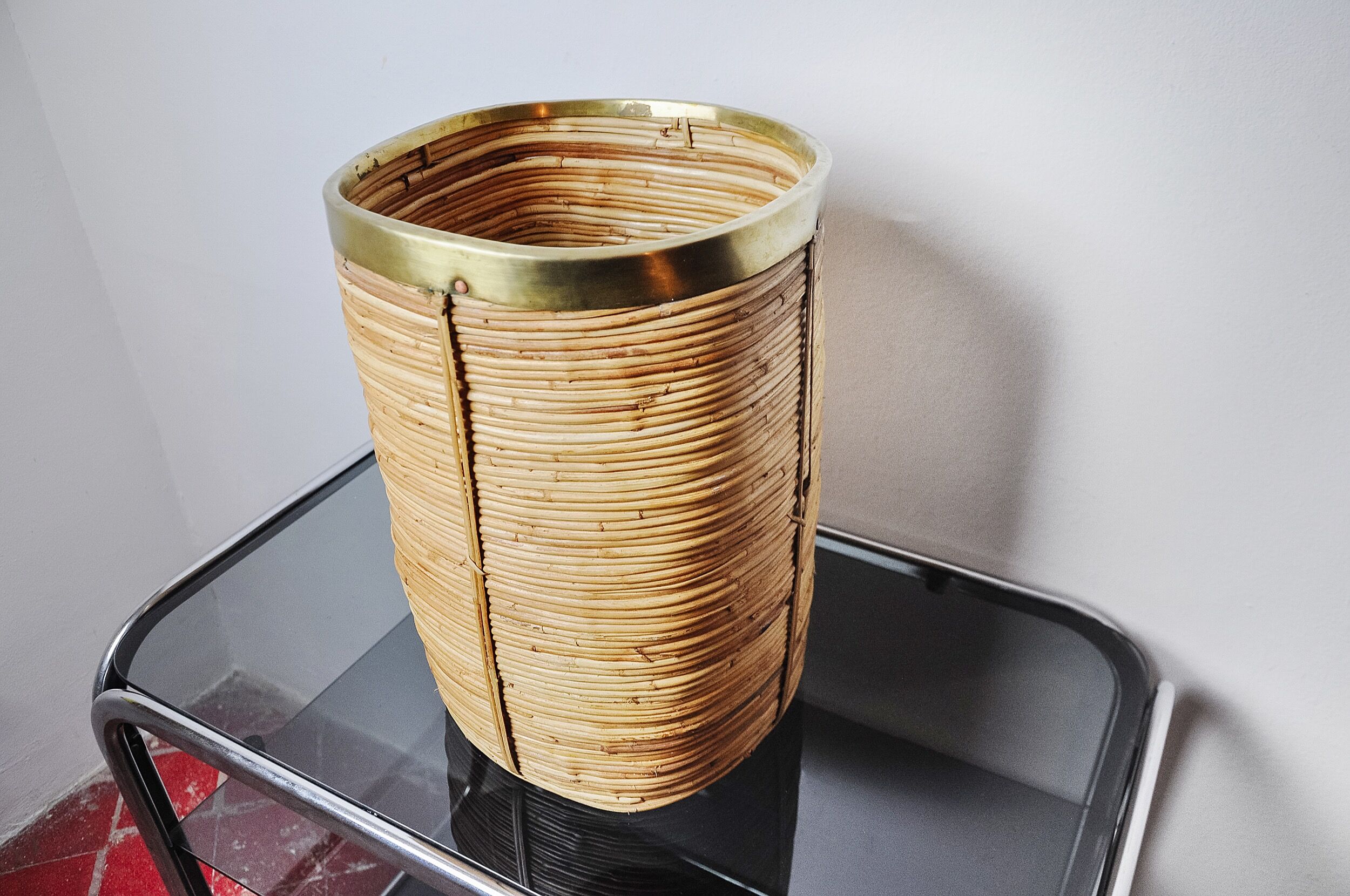 Rattan and brass umbrella stand, Italy, 1970