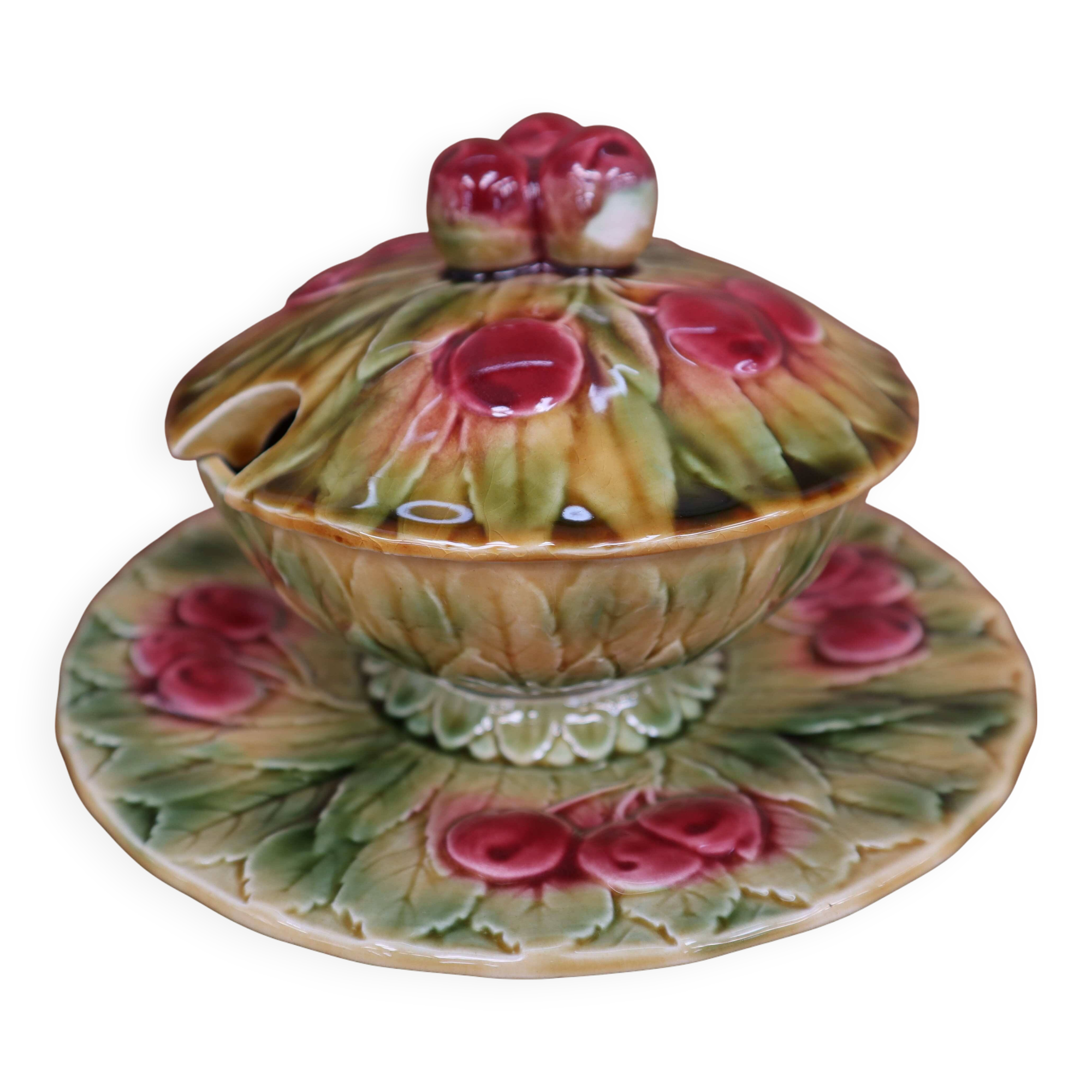 Sarreguemines 1940 cherry slip sauceboat/jam pot