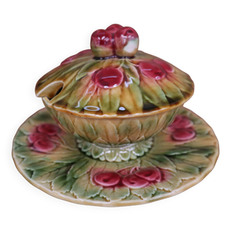Sarreguemines 1940 cherry slip sauceboat/jam pot