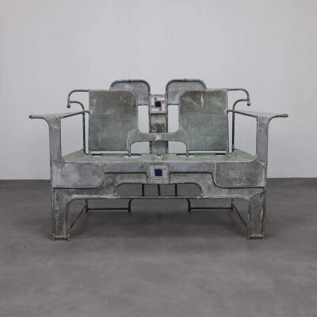 Sculptural bench in copper, zinc and stained glass by Cor de Ree, The Netherlands, 1999