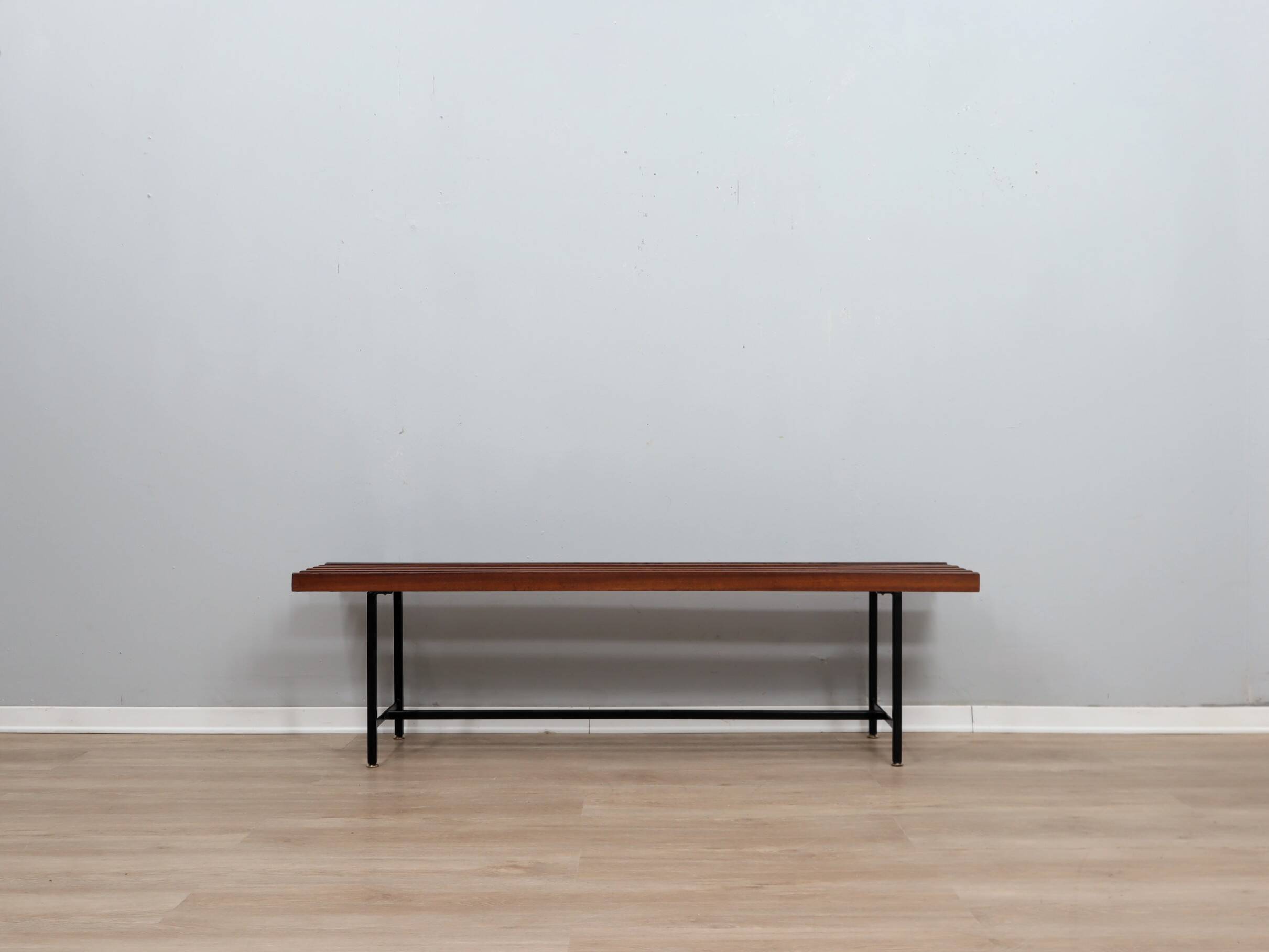 Mid-Century slatted teak bench with iron frame Italy 1950s