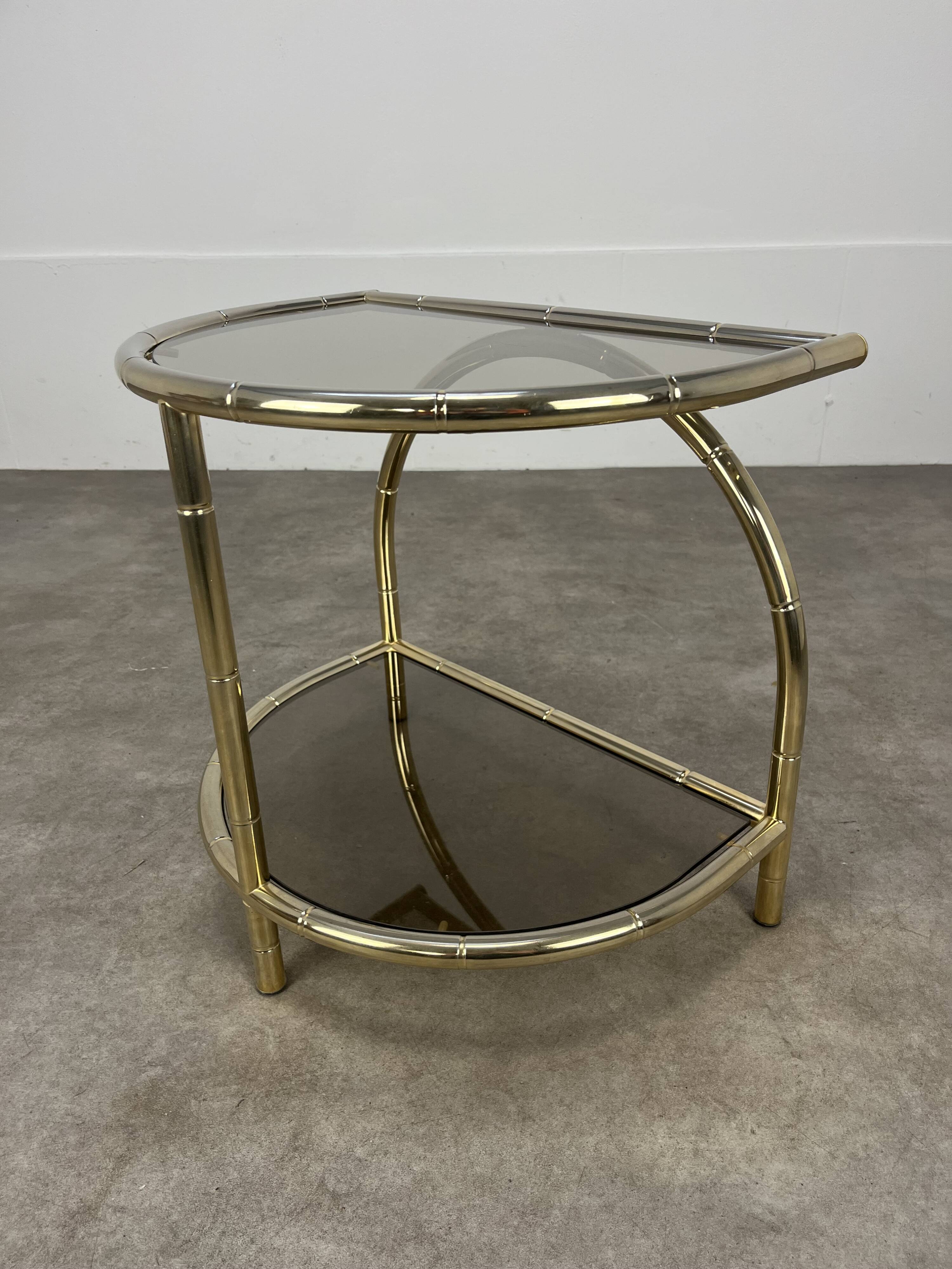 Hollywood Regency bamboo side table, gold and smoked glass, 70s