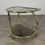 Table d'appoint bambou Hollywood Regency, dorée et verre fumé, 70's