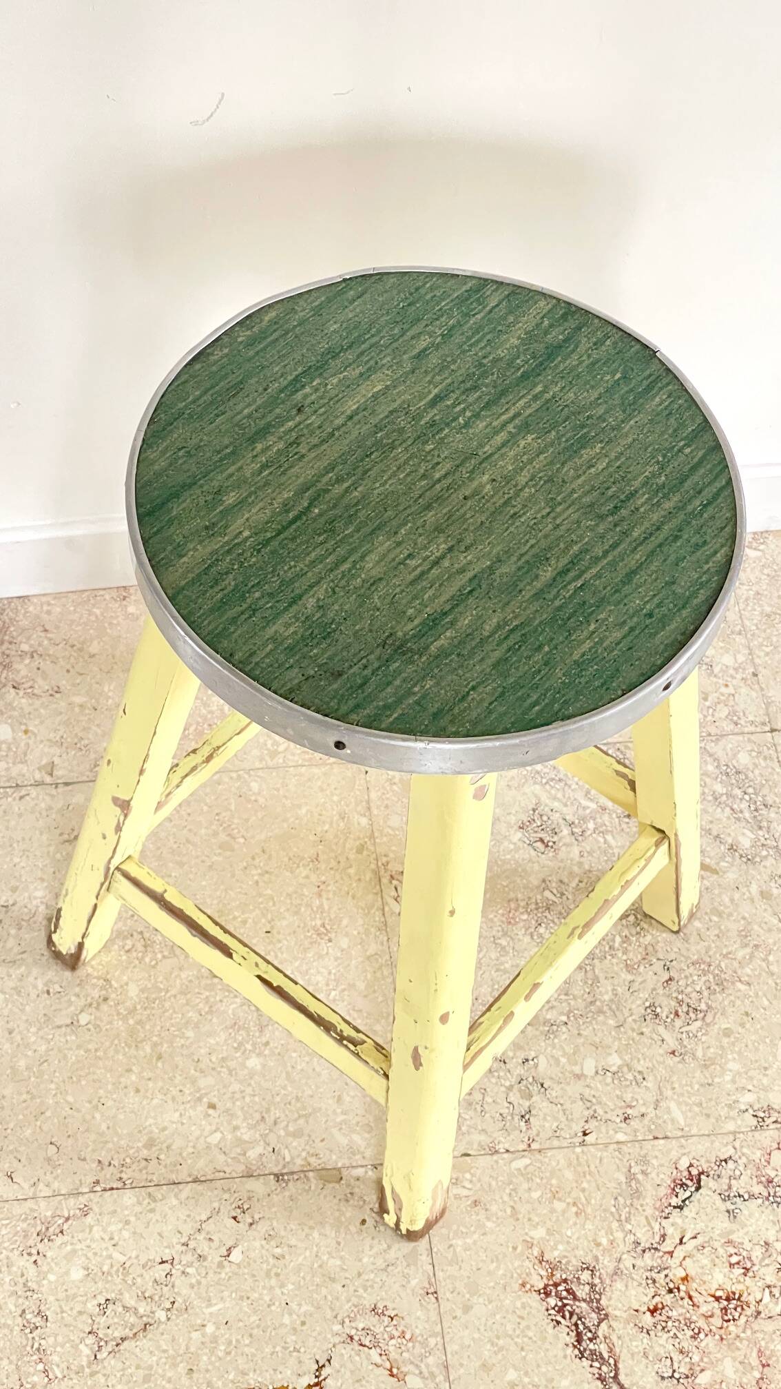 Vintage stool in solid oak green seat