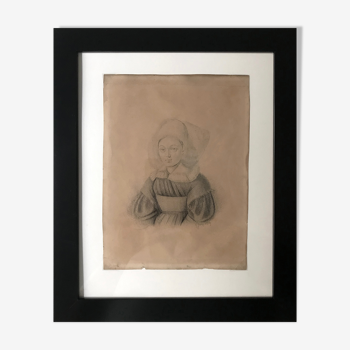 Dessin original d'un portrait de femme en noir et blanc daté 1834