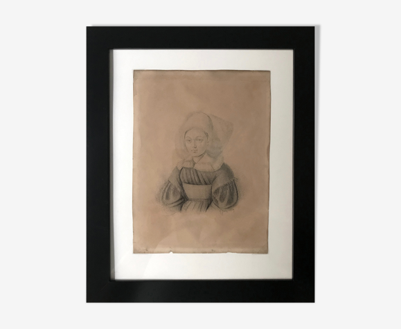 Dessin original d'un portrait de femme en noir et blanc daté 1834
