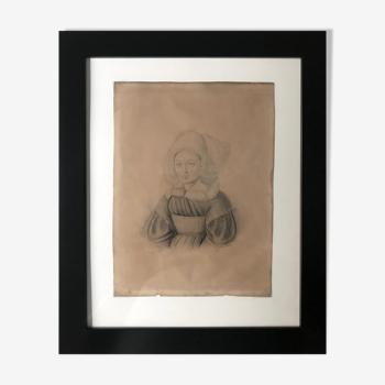 Original drawing of a black and white portrait of a woman dated 1834