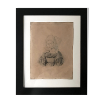 Original drawing of a black and white portrait of a woman dated 1834