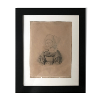 Dessin original d'un portrait de femme en noir et blanc daté 1834