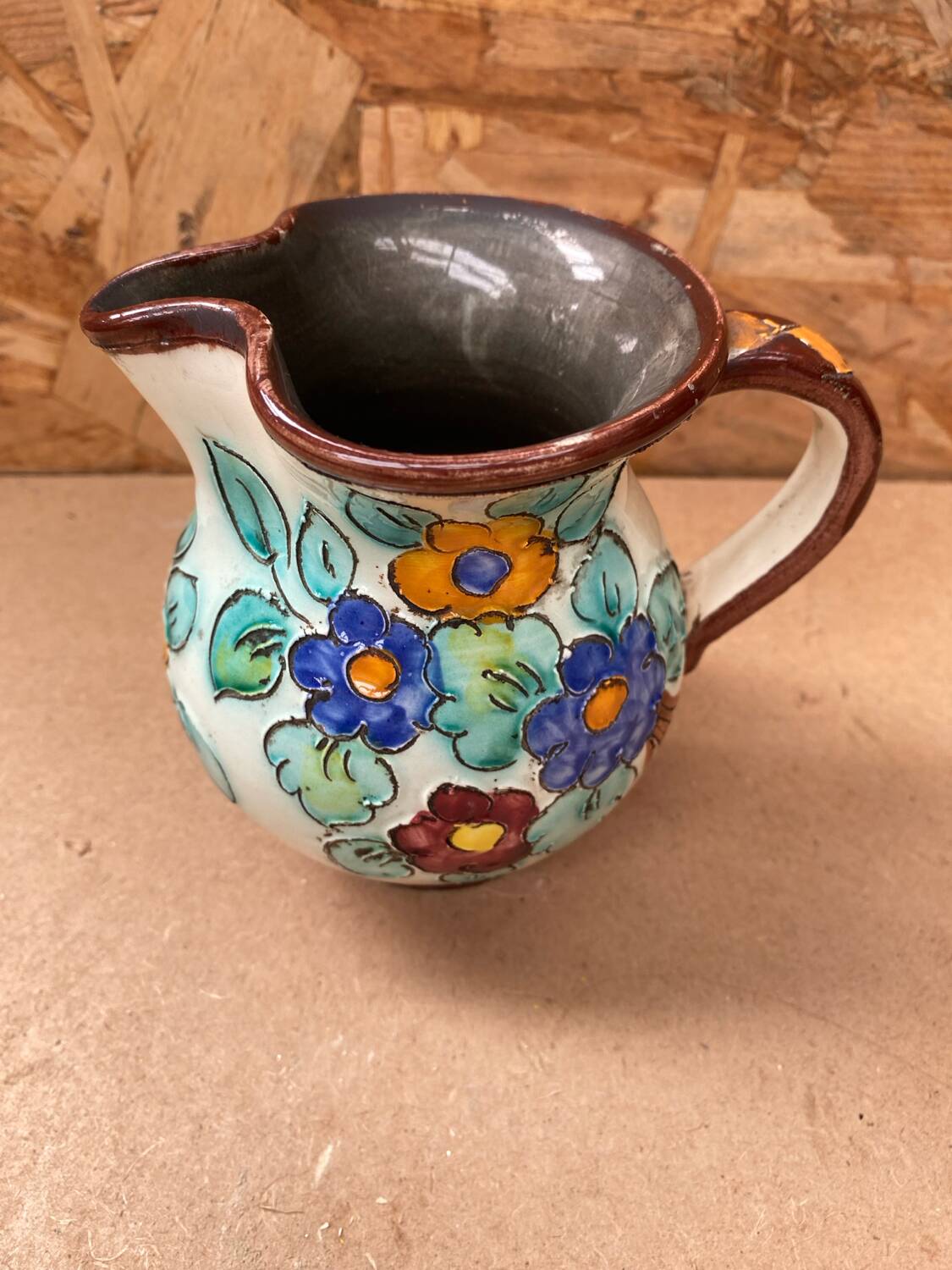 Antique cerart monaco ceramic pitcher chiseled flower decor 70's vintage